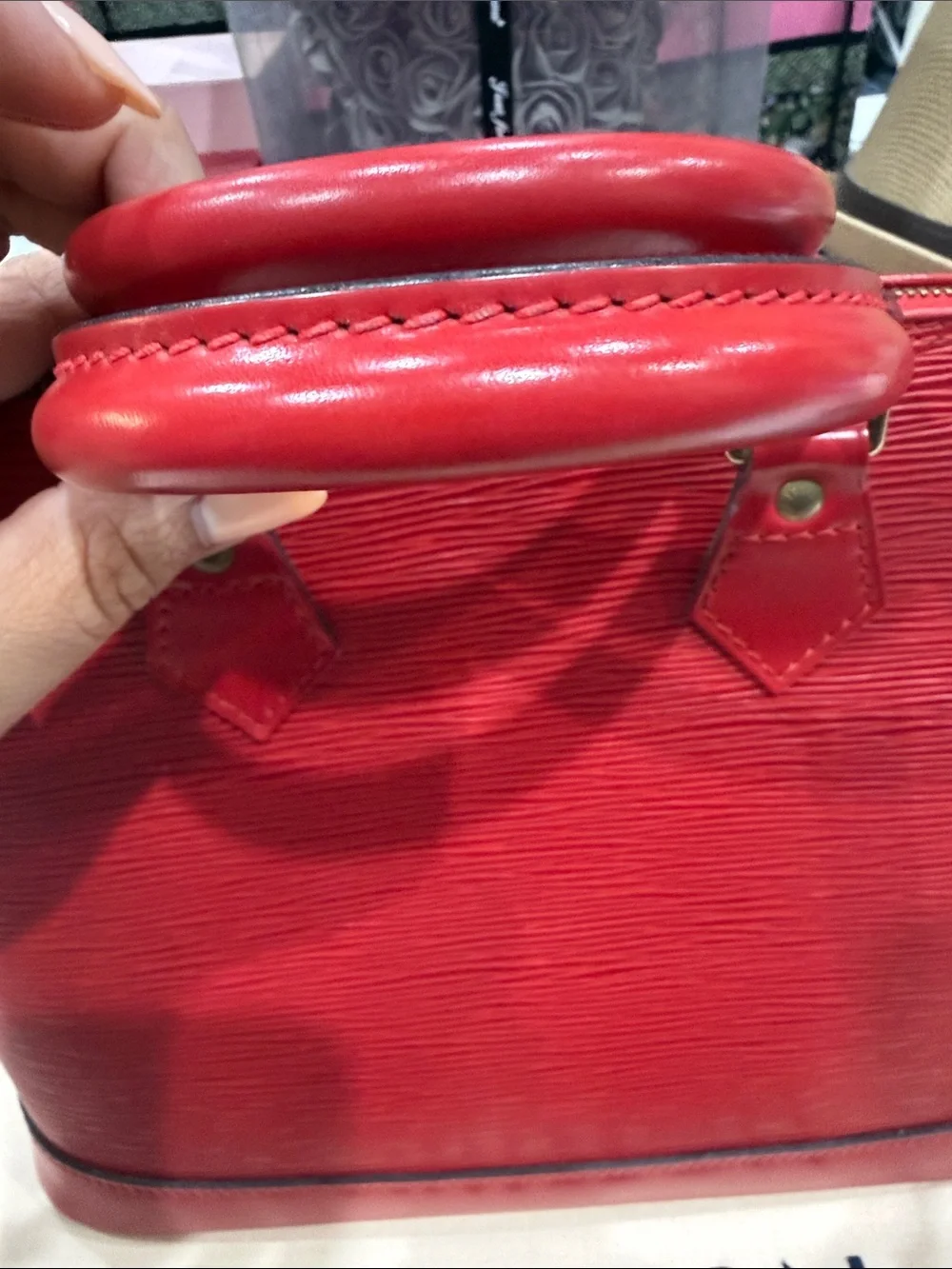Authentic Louis Vuitton Red Epi Alma PM Satchel with Gold Hardware